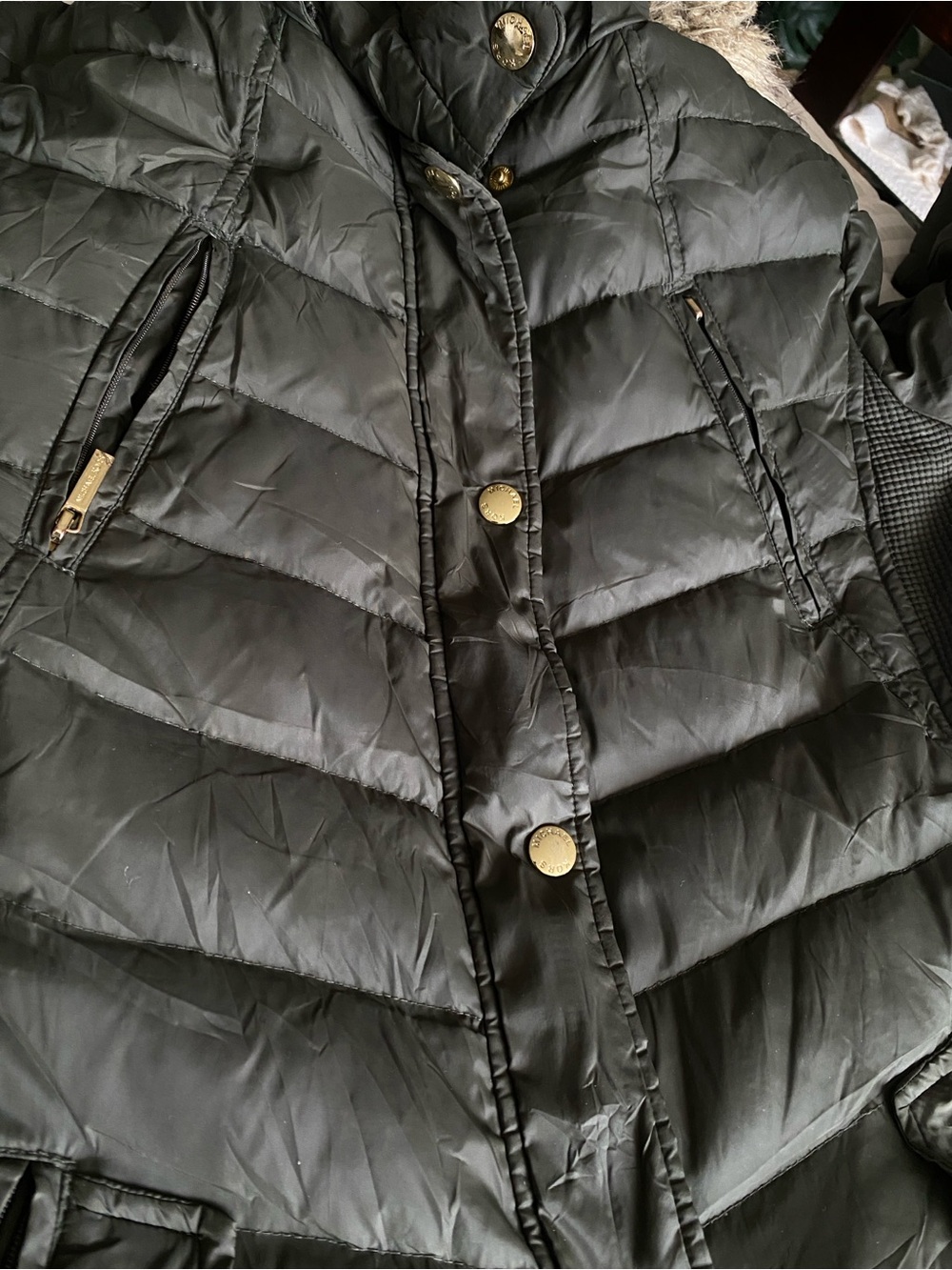 Michael Kors Down Filled Long Puffer Coat Faux Fur Hood Black Size L Excellent - Picture 6 of 10